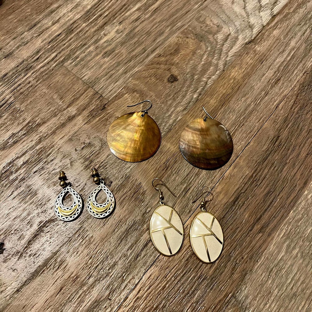 Vintage Dangle Pierced Ear Gold Retro Earrings Metal Mod 70s Lot of Three